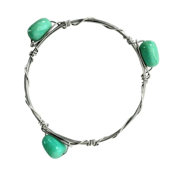 Large Turquoise and Silver Tone Wire Bracelet Southwest Artisan - Picture 1 of 5
